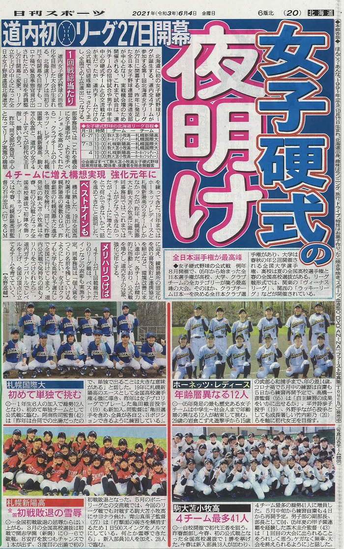 6月4日（金）日刊スポーツ新聞に女子硬式野球部記事が掲載されました