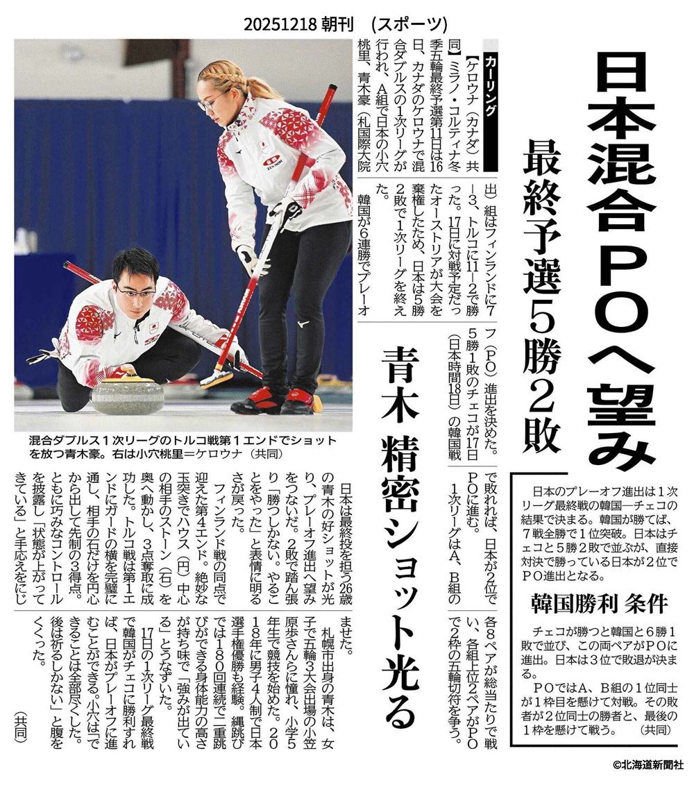 共同通信　青木豪　ミラノ五輪　北海道新聞　カーリング　ミックスダブルス